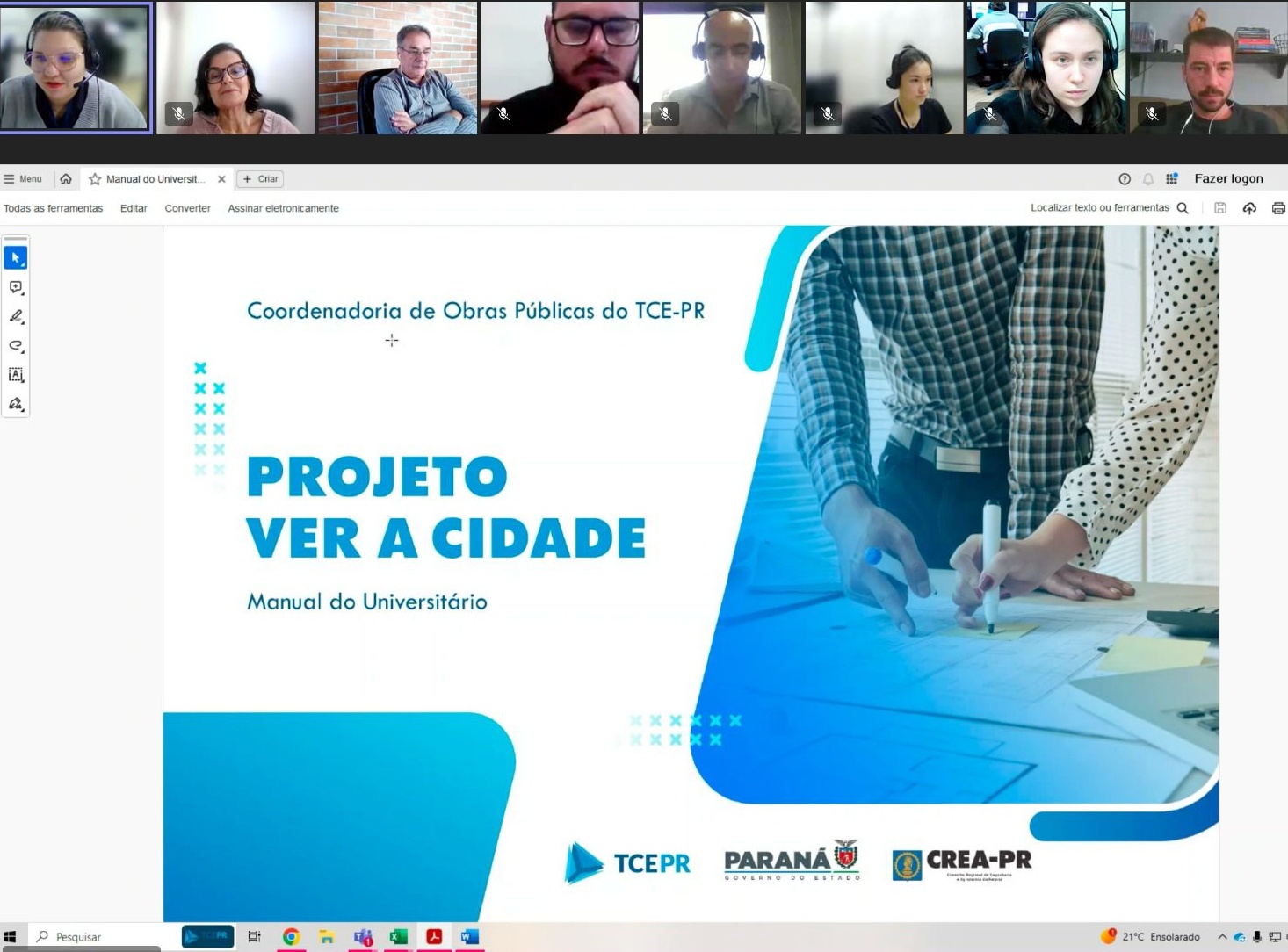 Videoconferência entre servidores do TCE-PR e professores das unidades estaduais que participam do "Projeto Ver a Cidade", voltado à fiscalização de obras públicas.