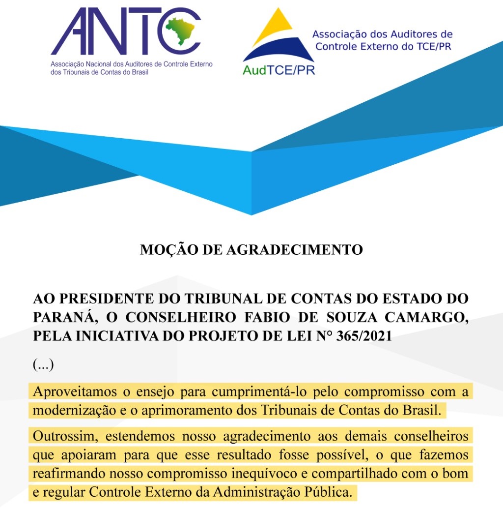 Moção de Agradecimento emitida pela ANTC e a AudTCE-PR, pela aprovação de lei que institui o cargo de Auditor de Controle Externo no TCE-PR.