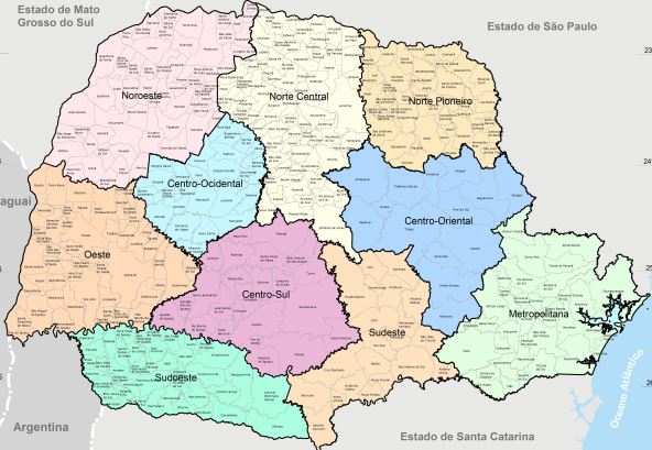Mapa com as regiões geográficas do Paraná, elaborado pelo Ipardes.