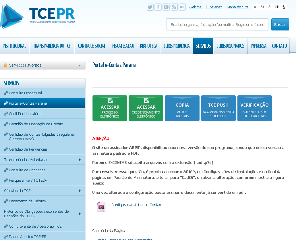 Tela inicial do Portal e-Contas Paraná, que concentra o acesso a serviços e conteúdos relacionados aos processos eletrônicos do TCE-PR