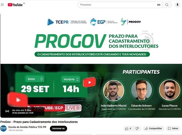 Live será transmitida pelo canal da Escola de Gestão Pública do TCE-PR no YouTube.