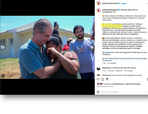 Postagem da Prefeitura de Maringá na rede social Instagram que, segundo Denúncia recebida pelo TCE-PR, configuraria promoção pessoal do prefeito. Imagem: Reprodução