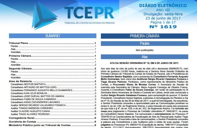 Pautas das sessões do TCE-PR são publicadas às sextas-feiras, no Diário Eletrônico.