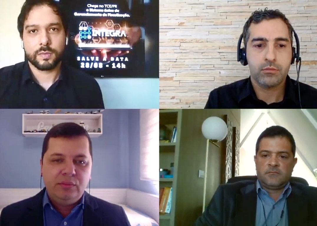 Lançamento do Sistema Integra (em sentido horário): o gerente de Negócio do sistema, Leandro Soares Costa; o coordenador-geral de Fiscalização do Tribunal, Rafael Ayres; o gerente de Desenvolvimento, Alessandro Lisboa Solyom; e o apresentador da "live", Lucio Woytovicz Junior.