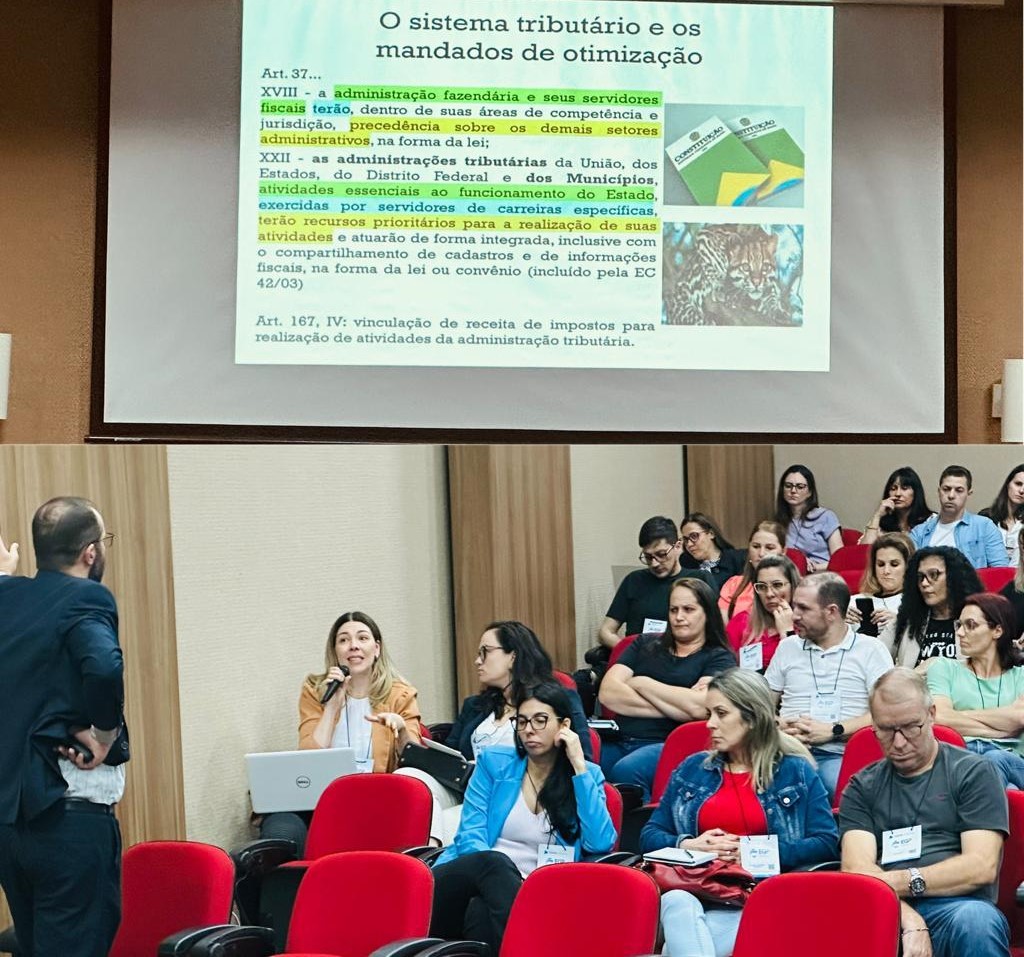 O auditor de controle externo Wilmar da Costa Martins Júnior ministra o curso Receita Tributária Municipal e Estruturação da Dívida Ativa, em Francisco Beltrão. Foto Marcelo Lancia/Divulgação TCE-PR