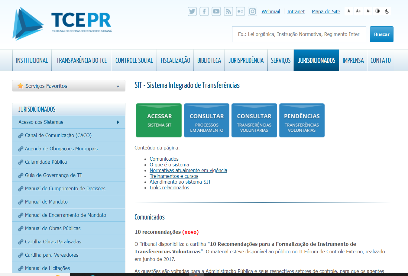 Tela inicial do Sistema Integrado de Transferências (SIT).