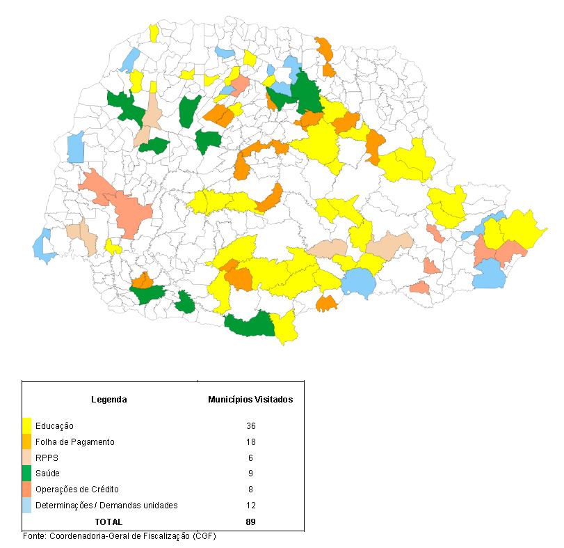 Mapa indica os 89 municípios visitados por técnicos do TCE-PR até 16 de setembro, durante o Plano Anual de Fiscalização 2016.