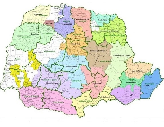 Mapa do Paraná, Estado formado por 399 municípios.