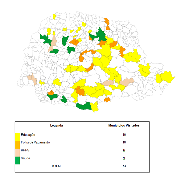 Mapa destaca os 73 municípios visitados pelos profissionais que atuaram nas auditorias integradas do PAF 2016. Outros 27 foram visitados a partir de demandas das unidades de fiscalização, completando 100 municípios.