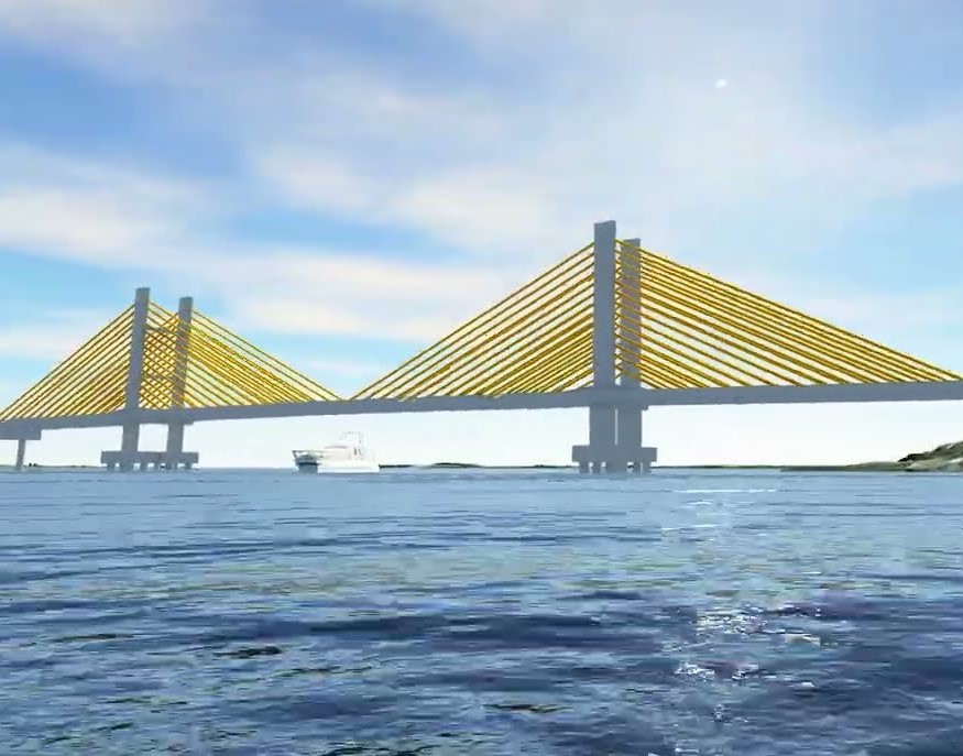 Perspectiva artística da futura ponte sobre a Baía de Guaratuba, na PR-412, ligando os municípios paranaenses de Matinhos e Guaratuba. Imagem: Divulgação/DER-PR