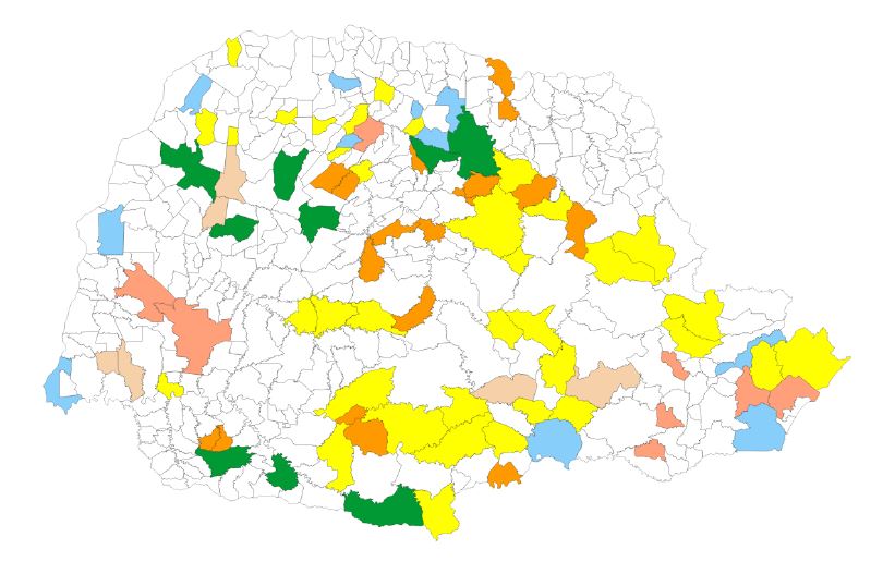 Mapa indica os 89 municípios visitados por técnicos do TCE-PR até 16 de setembro, durante o Plano Anual de Fiscalização 2016