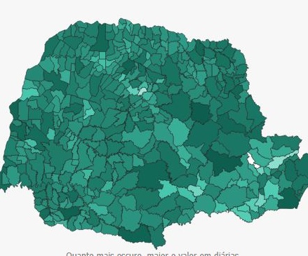 Mapa extraído do Painel de Diárias Municipias, elaborado pelo TCE-PR a partir de informações repassados pelas próprias entidades fiscalizadas.