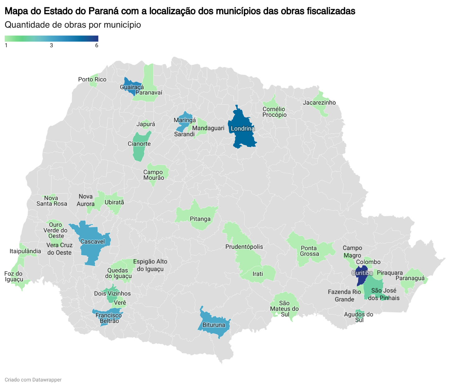 Mapa da distribuição, por município paranaense, das obras fiscalizadas pela COP em 2025