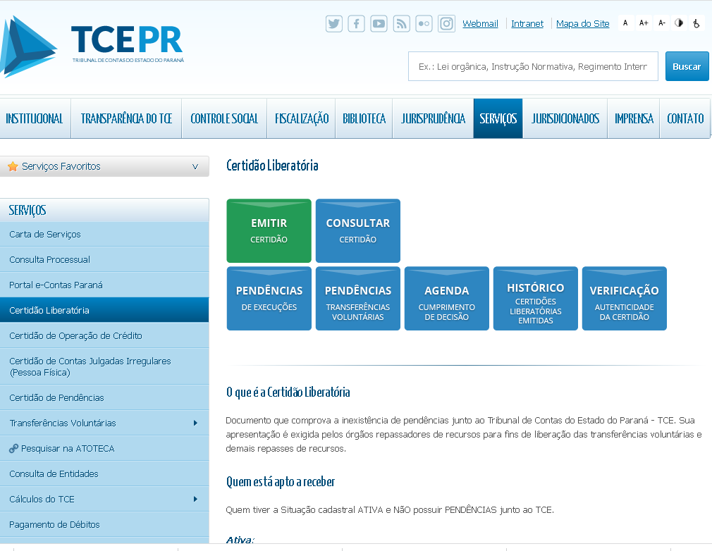 Certidão Liberatória é emitida automaticamente no portal do TCE-PR na internet.