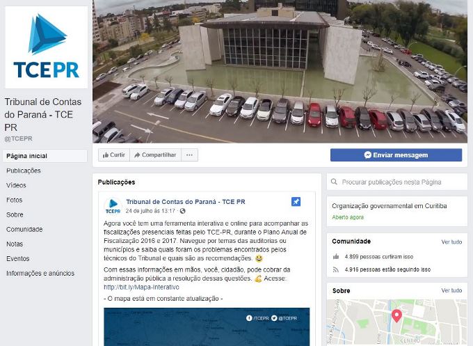 Tela inicial da página do TCE-PR no Facebook.