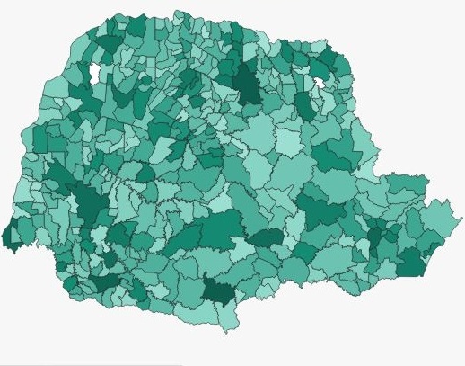 Mapa indica destinação de Emendas Pix a municípios do Paraná a partir de 2020: quanto mais intenso é o tom de verde, maior é a soma de valores repassados.
