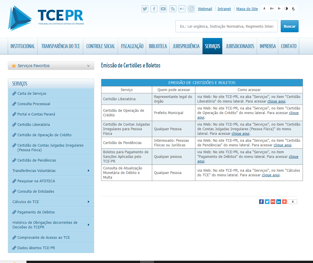 Página no portal reúne certidões emitidas pelo TCE-PR.