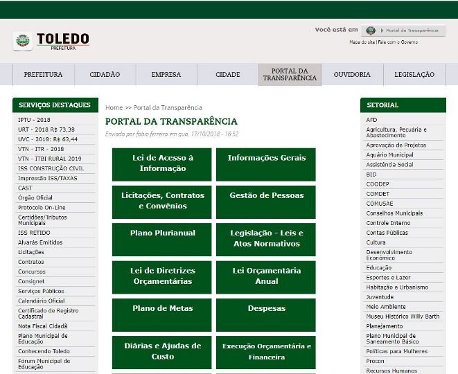 Reprodução da tela inicial do Portal de Transparência do Município de Toledo, no Oeste do Estado.