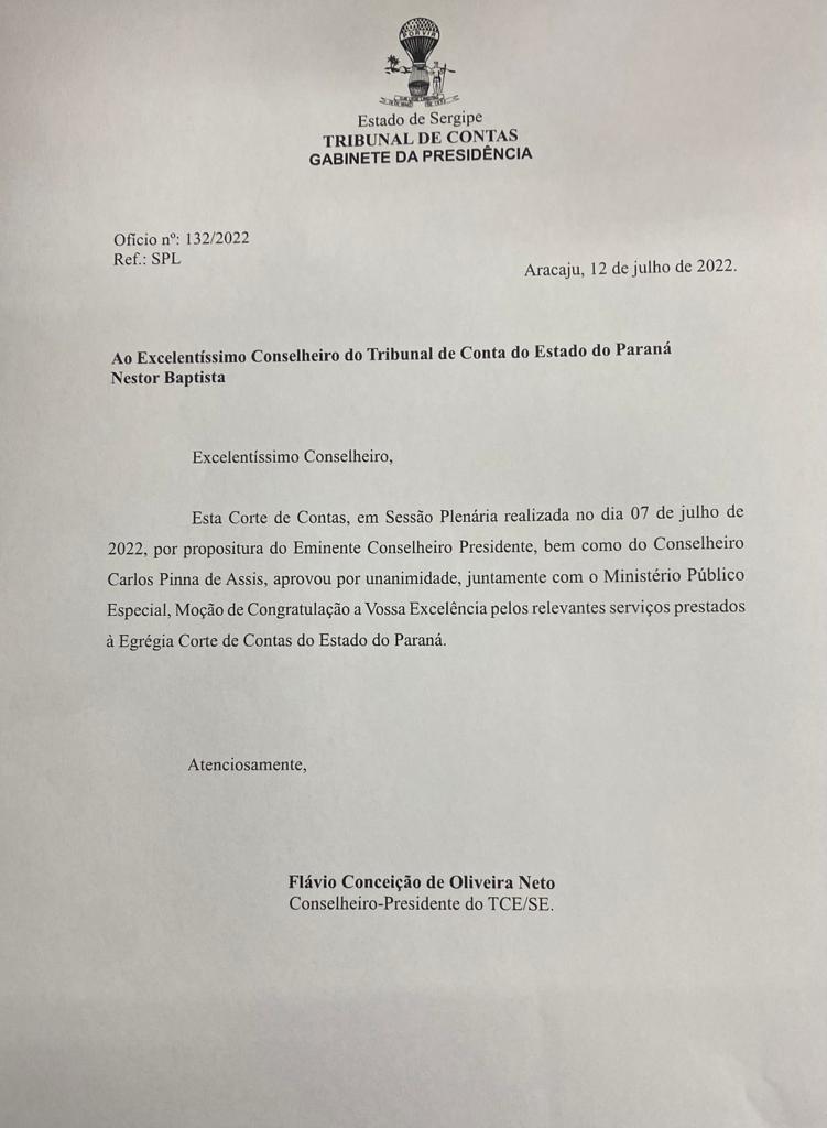 Moção de Congratulação conferida pelo Tribunal de Contas do Estado de Sergipe (TCE-SE) ao conselheiro Nestor Baptista, decano do Tribunal de Contas do Estado do Paraná (TCE-PR).