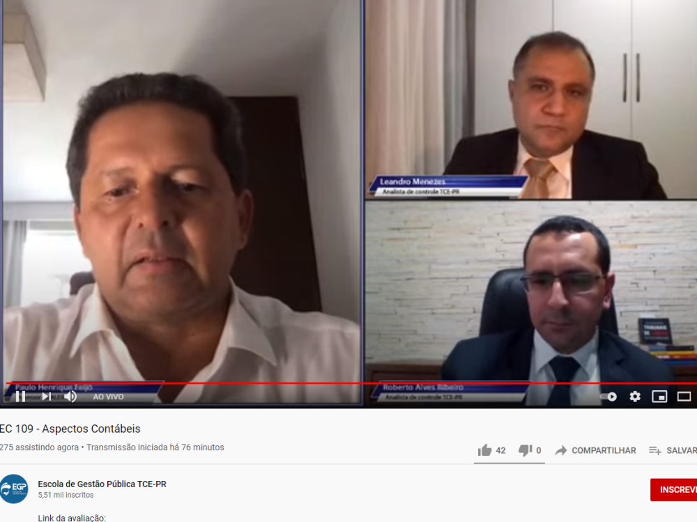 Em sentido horário, os debatedores da live sobre os aspectos contábeis da Emenda Constitucional nº 109/21: Paulo Henrique Feijó, Leandro Menezes Rodrigues e Roberto Alves Ribeiro. Imagem: YouTube/Reprodução
