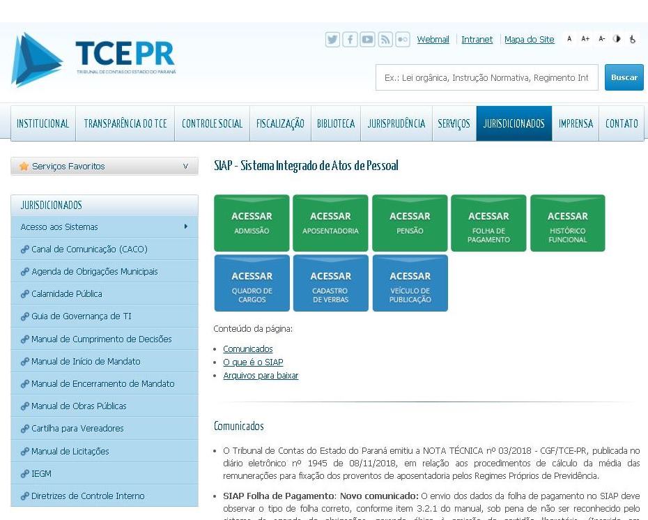 Página inicial do Sistema Integrado de Atos de Pessoal (SIAP), no portal do TCE-PR na internet.