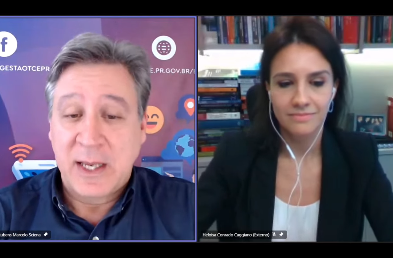 O auditor de controle externo Rubens Sciena, e a advogada Heloísa Caggiano, em live sobre a alocação de riscos no âmbito da Nova Lei de Licitações, promovida pela Escola de Gestão Pública do TCE-PR.