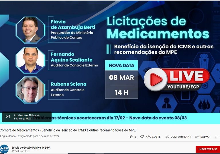 Live sobre "Licitações de Medicamentos - Benefícios da Isenção do ICMS e Outras Recomendações do MPE" será nesta terça-feira (8 de março), às 14 horas.
