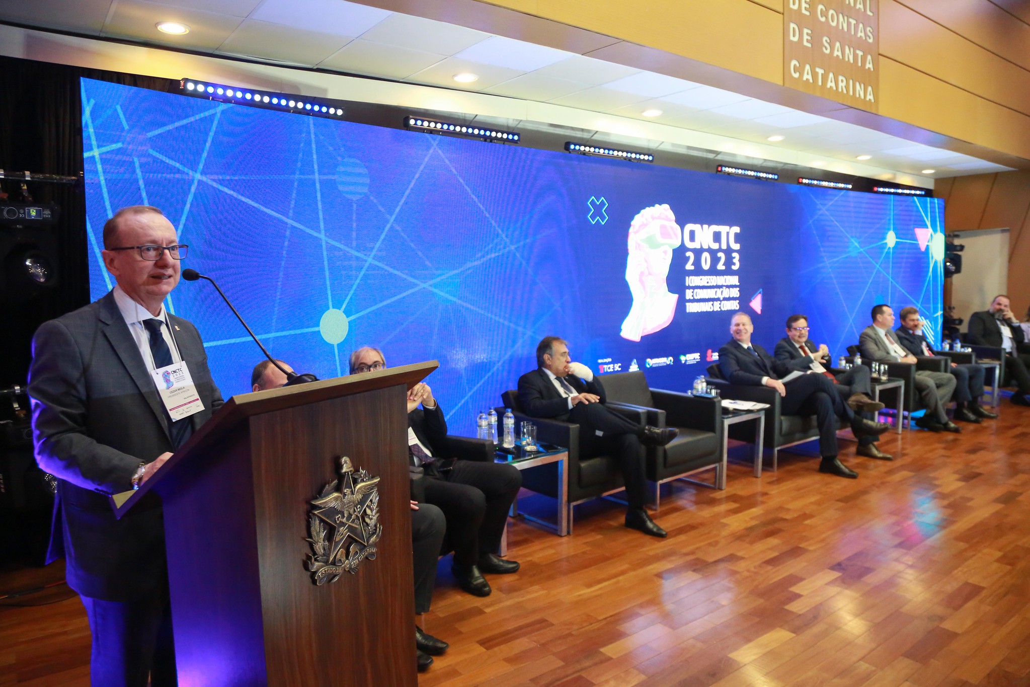 Conselheiro Cezar Miola, presidente da Atricon, na abertura do Primeiro Congresso Nacional de Comunicação dos Tribunais de Contas do Brasil, realizado até quinta-feira, em Florianópolis