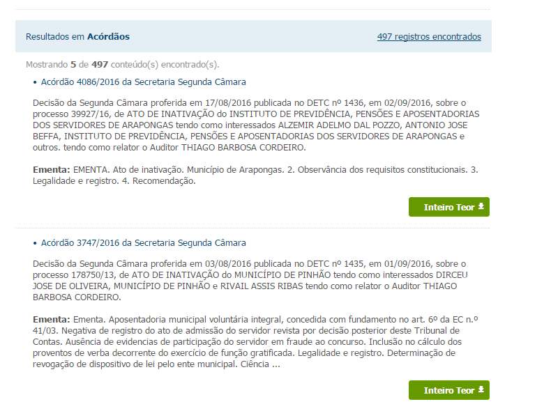 Reprodução de tela de pesquisa do site do TC-PR, com ementa e link para o teor completo da decisão