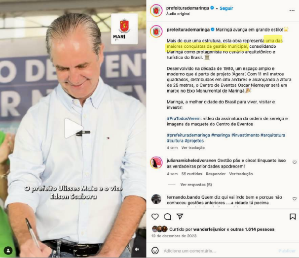 Postagem da Prefeitura de Maringá na rede social Instagram que, segundo Denúncia recebida pelo TCE-PR, configuraria promoção pessoal do prefeito. Imagem: Reprodução