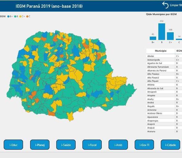 Reprodução da imagem do mapa digital que permite a consulta ao Índice de Efetividade da Gestão Municipal (IEGM)do Paraná de 2018. Imagem: Divulgação TCE-PR