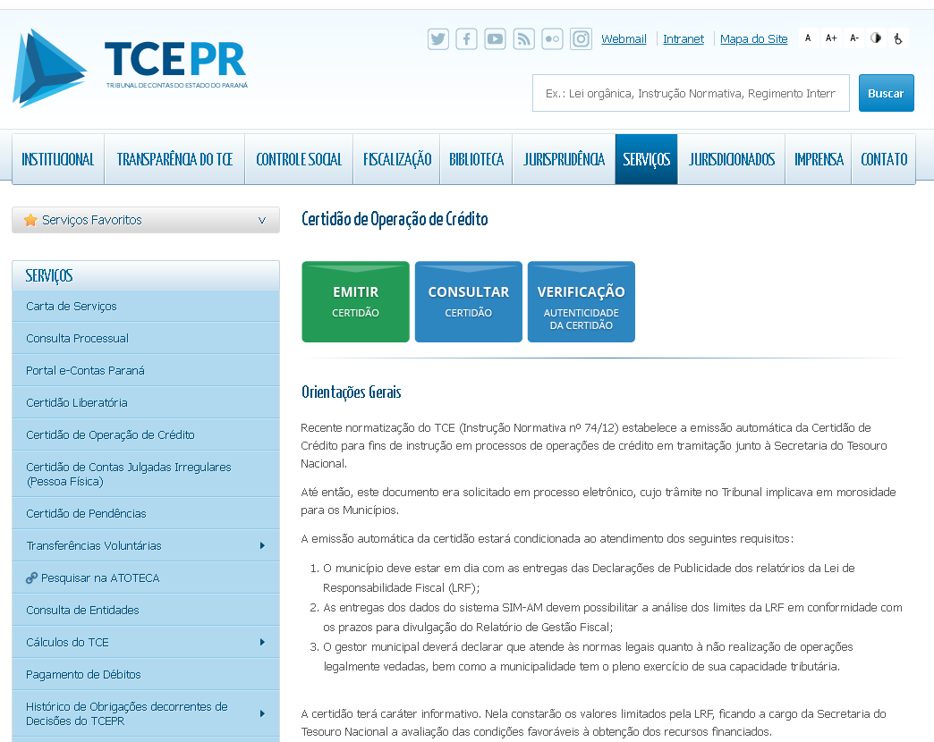 Municípios podem obter Certidão de Operação de Crédito acessando a aba "Serviços" do site do TCE-PR