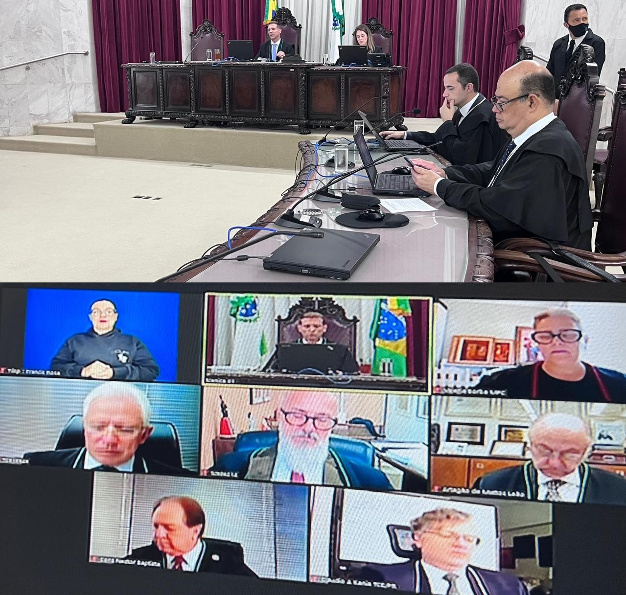 Sessão do Tribunal Pleno é realizada de forma mista: parte dos membros participa presencialmente e parte por videoconferência. Fotos: Marcelo Lancia/Divulgação TCE-PR