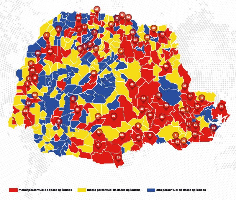 Mapa sobre o índice de aplicação de doses da vacina contra a Covid-19, com destaque para os 66 municípios paranaenses que apresentam o menor percentual de imunização. Crédito: Núcleo de Imagem/ Diretoria de Comunicação Social TCE-PR
