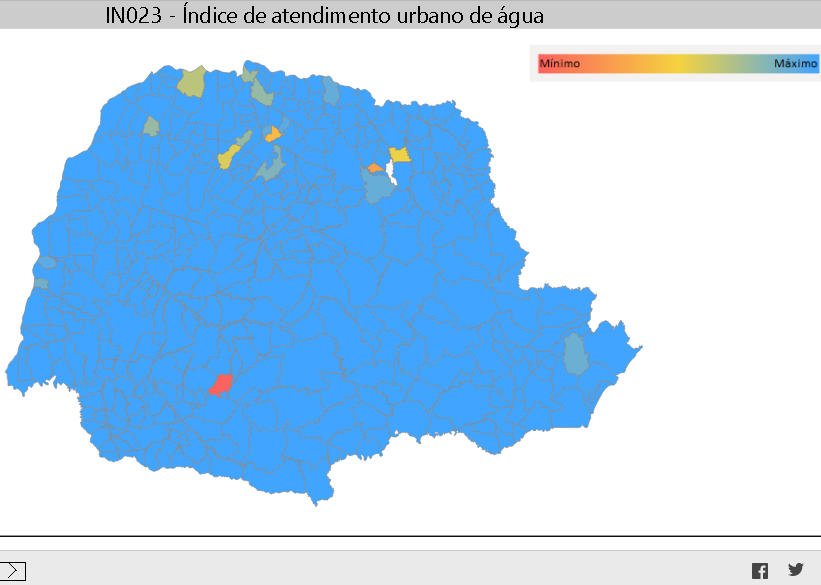 Mapa apresenta a cobertura do serviço de fornecimento de água nos municípios do Paraná.
