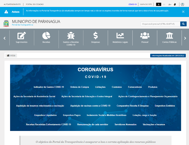 Página inicial do Portal da Transparência do Município de Paranaguá, no Litoral do Estado.