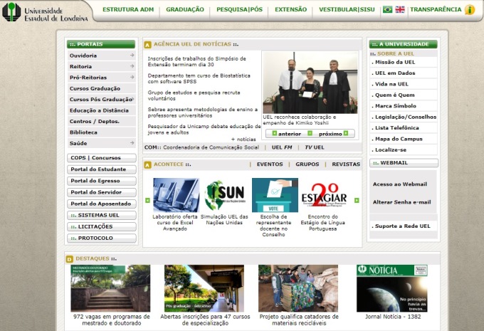 Reprodução da página inicial do portal da Universidade Estadual de Londrina (UEL) na internet.