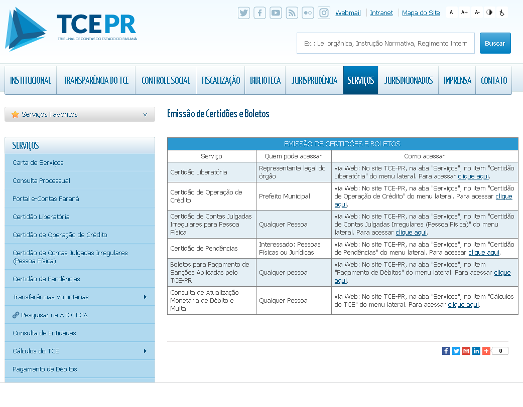 Página no site facilita o acesso às certidões e aos boletos emitidos pelo TCE-PR.