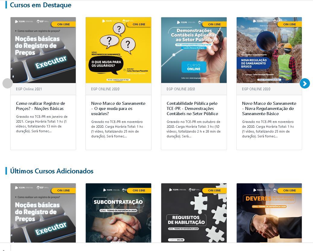 Tela inicial do novo site da Escola de Gestão Pública (EGP)do TCE-PR