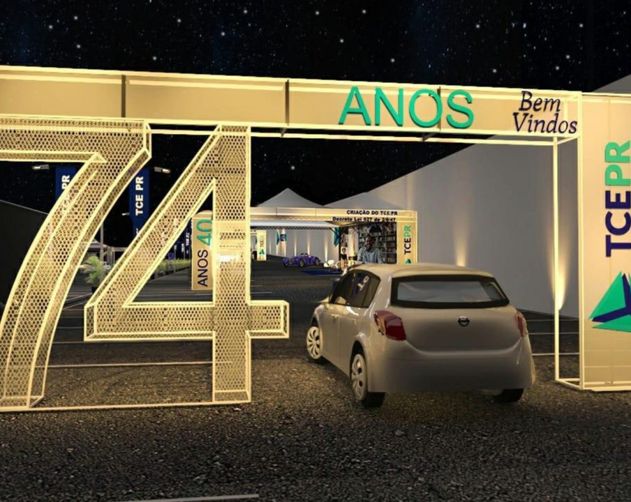 Perspectiva do portal de entrada da exposição histórica sobre os 74 anos do TCE-PR