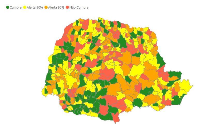 Mapa aponta a situação dos municípios paranaenses no primeiro semestre de 2018 em relação ao cumprimento das regras da Lei de Responsabilidade Fiscal para as despesas com pessoal. Fonte: Coordenadoria de Sistemas e Informações da Fiscalização (Cosif)/TCE-PR