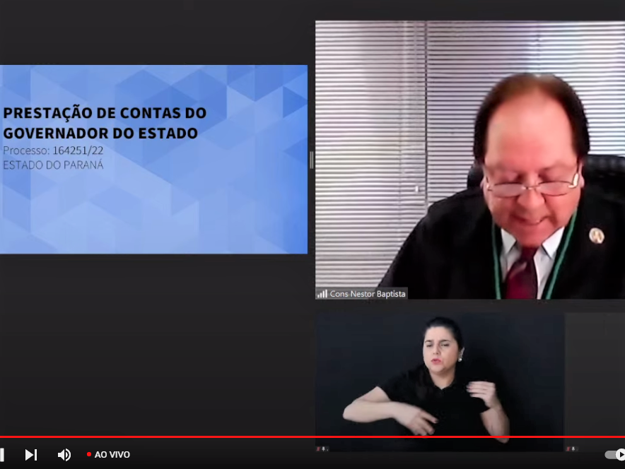 O conselheiro Nestor Baptista relata as contas de 2021 do governador Carlos Roberto Massa Junior, para a emissão de Parecer Prévio do TCE-PR que será enviado à Assembleia Legislativa do Estado do Paraná. Imagem: Reprodução/YouTube
