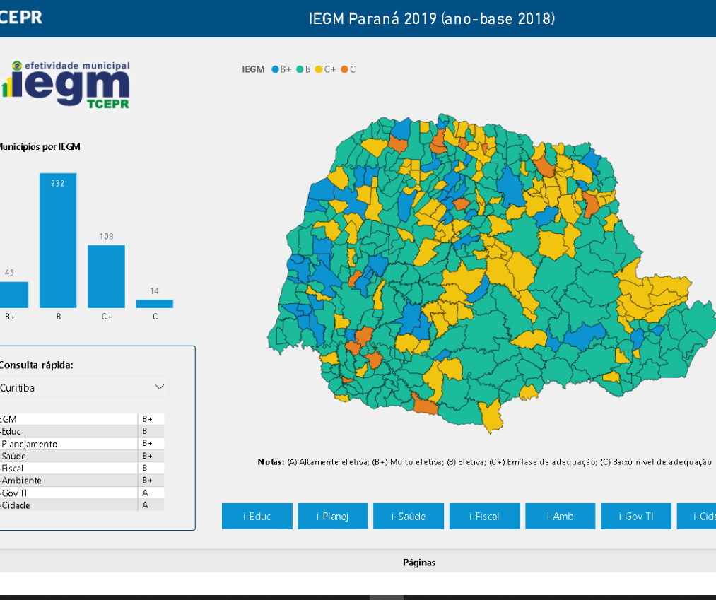 Mapa com o Índice de Efetividade da Gestão Municipal (IEGM)de 2019, relativo ao ano-base 2018, publicado no site do TCE-PR.