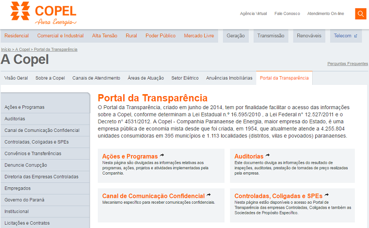 Novo Portal da Transparência da Copel, que acatou melhorias recomendadas pelo TCE-PR