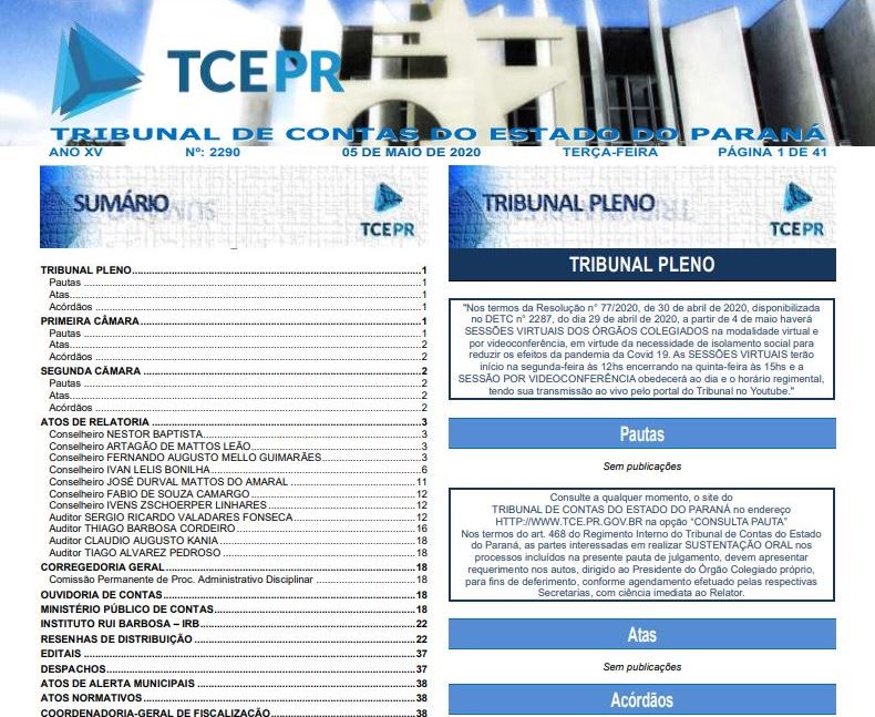 Primeira página da edição n° 2.290 do Diário Eletrônico do TCE-PR, veiculado nesta terça-feira (5 de abril).