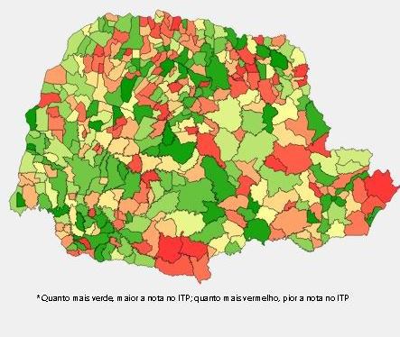 Índice de Transparência da Administração Pública (ITP): mapa dos municípios paranaenses classificados por cor, de acordo com o grau de transparência das ações destinadas ao combate da Covid-19.