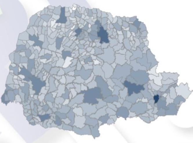 Mapa com a distribuição de transferências voluntárias nos municípios do Paraná, integrante do Painel de Convênios disponibilizado pelo TCE-PR.