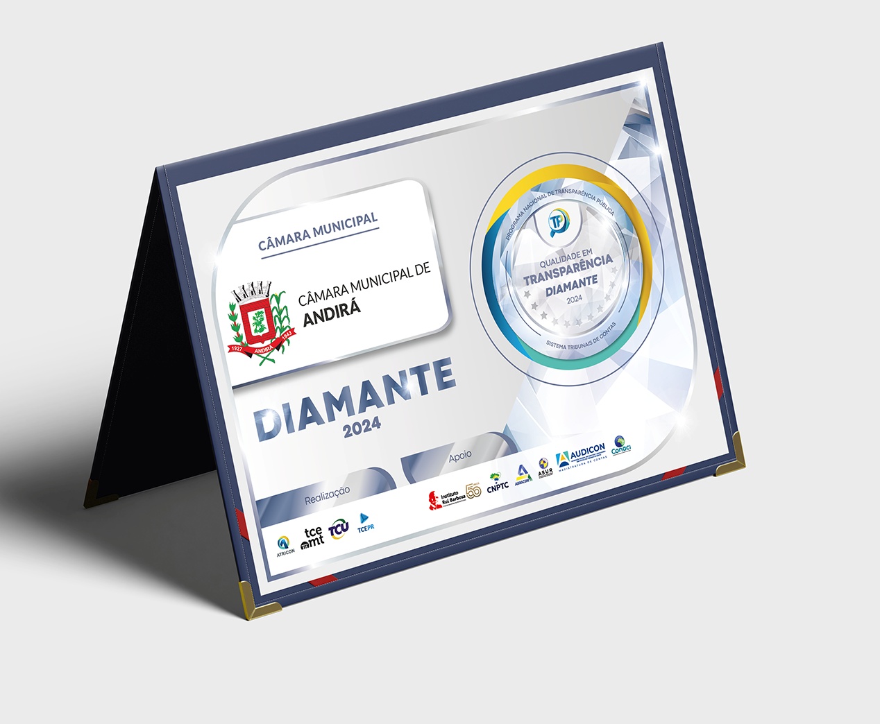 Índice de Transparência da Administração Pública (ITP) de 2024: Certificado Diamente obtido pela Câmara Municipal de Andirá. Arte: Núcleo de Imagem da Diretoria de Comunicação Social/TCE-PR