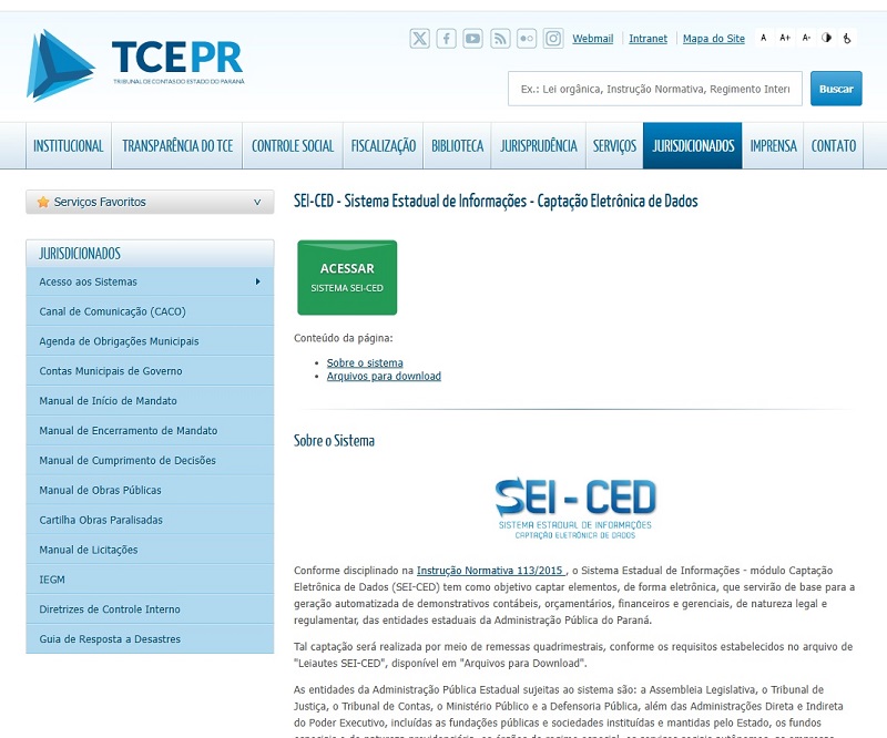 Tela inicial do Sistema Estadual de Informações - Captação Eletrônica de Dados (SEI-CED) do Tribunal de Contas do Estado do Paraná.