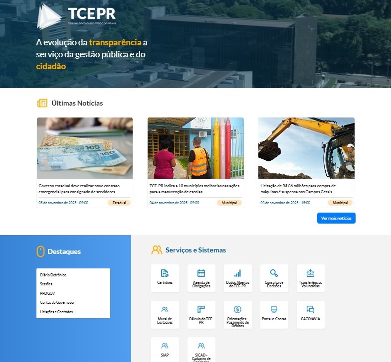 Detalhe da página inicial do novo portal do TCE-PR na internet, que estará disponível a partir de 14 de novembro.